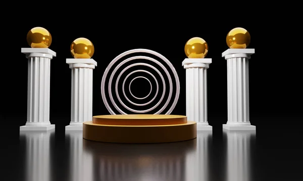 Beyaz sütunlu altın top ile sunum için soyut kompozisyonun 3D sunumu