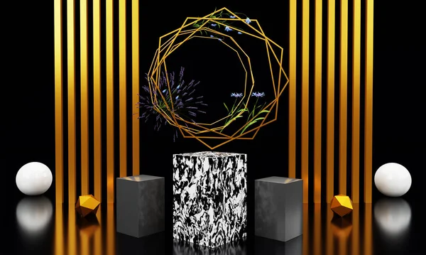 3D mermer soyut siyah geometrik podyum altın sütunlu