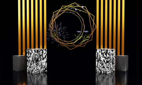 3D Mermer Soyut Geometrik Podyum Altın sütun ve çiçek çerçeveli