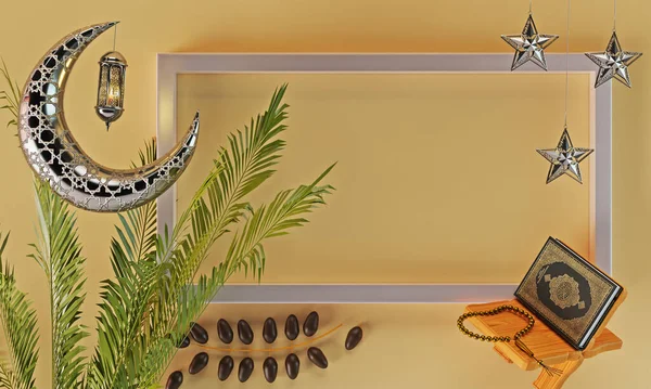 Koyu arkaplanda İslami tespihi olan altın bir Ramadhan lambası.