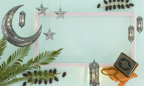 Ramadhan lambası koyu arkaplanda İslami tespih boncuklarıyla