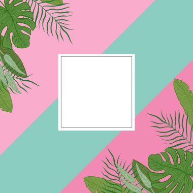 Metin için tropikal yaprakları ve geometrisi olan yaz egzotik kartı