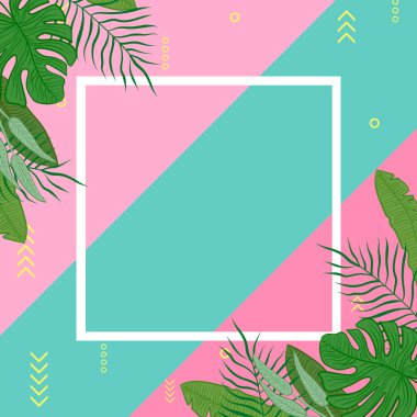 Metinler için tropikal yaprakları ve geometrisi olan yaz egzotik pembe kartı