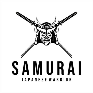 Katana ve zırh kaskı ve logo vintage vektör illüstrasyon logo şablonu tasarımı. Samuray logosu için Japon zırhı ve Katana kılıcı amblem logo vektör çizimi tasarımı