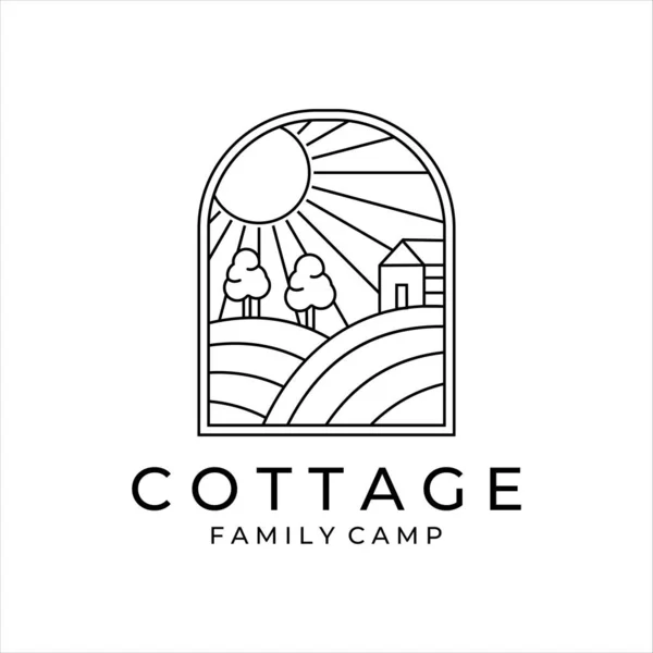 cottage or cabin line art minimalist simple vector logo illustration design. badge cottage at hill in summer forest line art logo concept minimalist simple icon illustration vector design