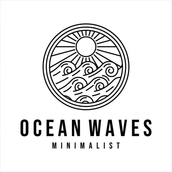 Okyanus dalgaları çizgisi sanat logosu vektör çizim şablonu tasarımı. Güneş rozeti ikonlu deniz dalgası yaratıcı tasarım