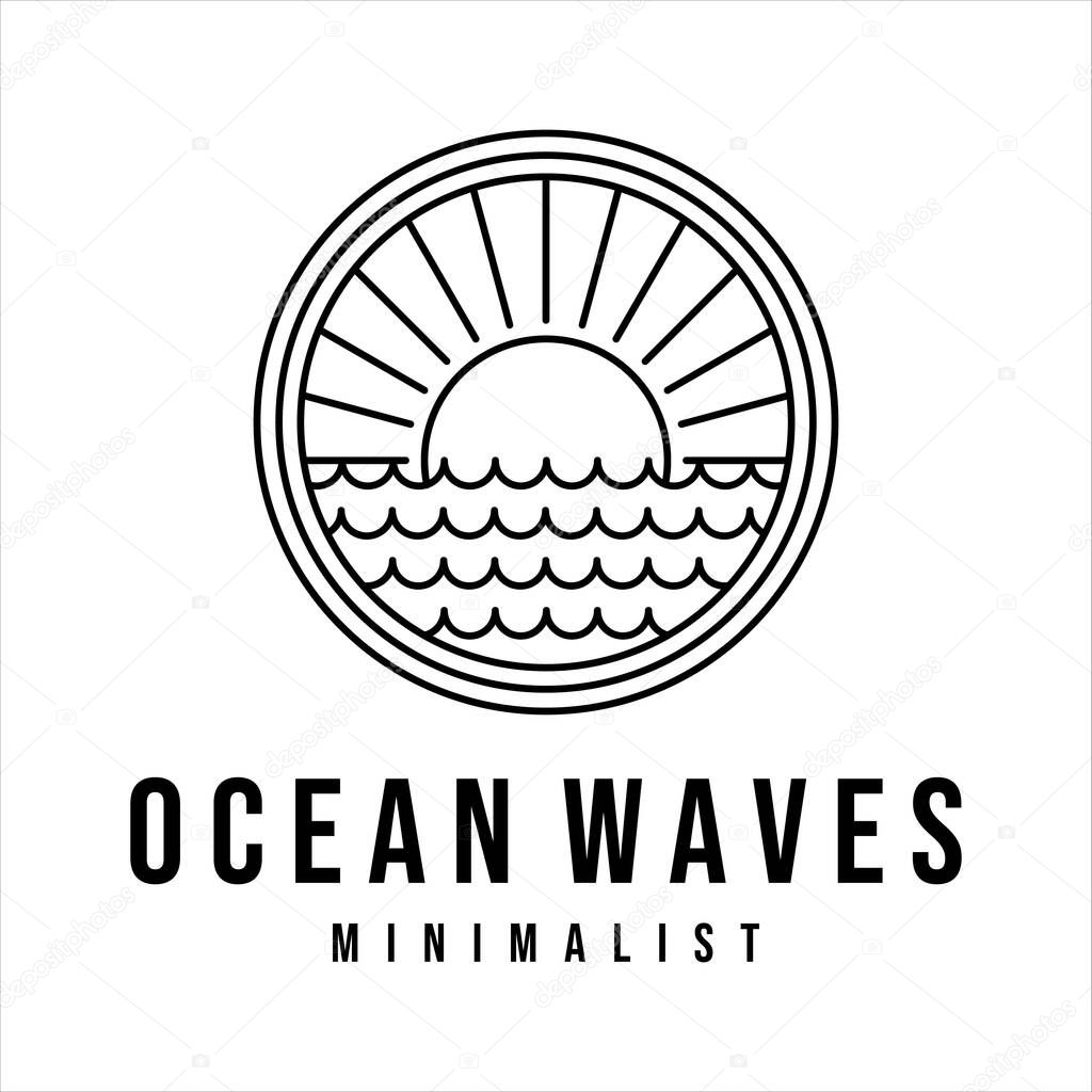 Ocean waves line art logo vector illustration template design. sea wave with sun badge icon creative design