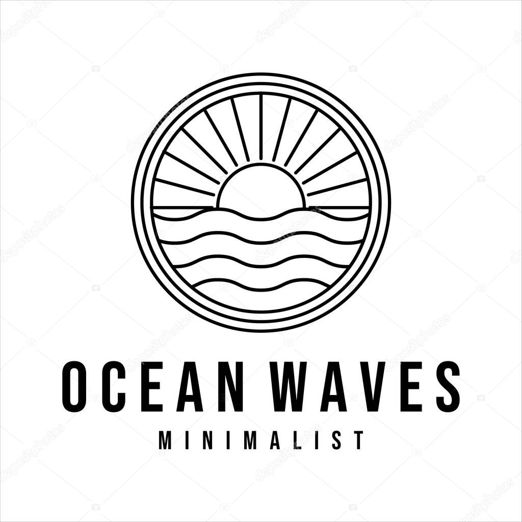 Ocean waves line art logo vector illustration template design. sea wave with sun badge icon creative design