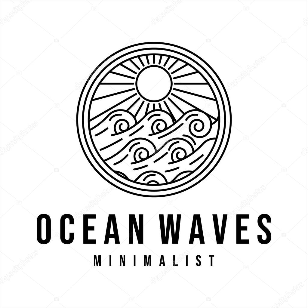 Ocean waves line art logo vector illustration template design. sea wave with sun badge icon creative design