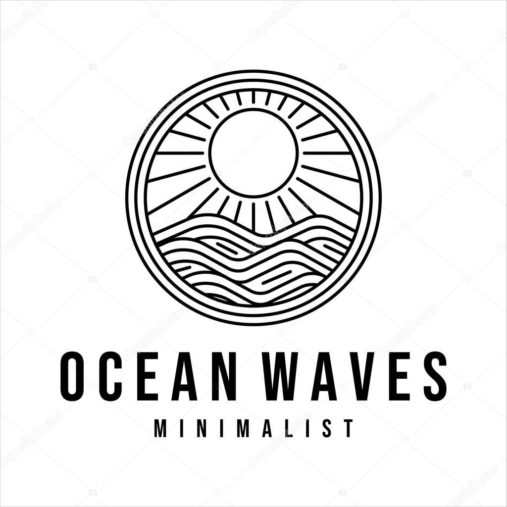 Ocean waves line art logo vector illustration template design. sea wave with sun badge icon creative design