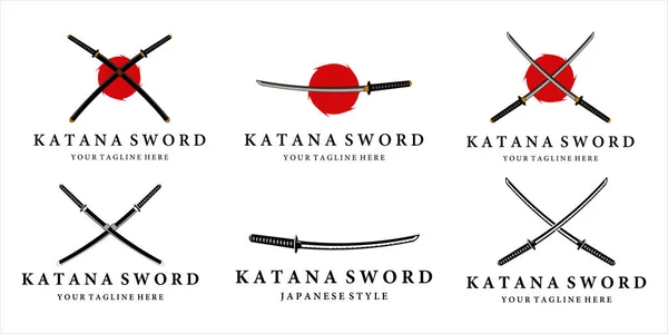 Katana kılıç logosu klasik vektör illüstrasyon konsepti ikon tasarımı seti. Japon kılıç koleksiyonu katana retro ve modern logo konsept vektör çizimi tasarımı