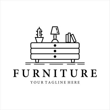 Mobilya logosu çizgisi sanat vektör çizimi şablon ikon tasarımı. kanepe lambası kitabı ve iç logo konsepti etiketi tasarımı için dekoratif bitkiler