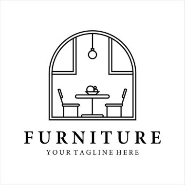 Mobilya logosu çizgisi sanat vektör çizimi şablon ikon tasarımı. Yemek odası veya mutfak iç logo konsept etiketi tasarımı