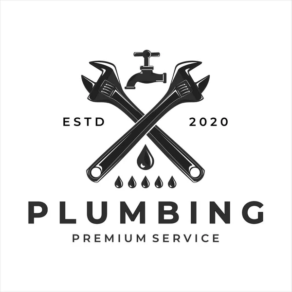 Tesisat logosu vintage vektör çizim şablonu tasarımı. Profesyonel iş konsepti amblemi tasarımı için tesisatçı logosu