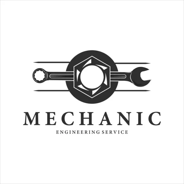 mekanik logo vintage vektör illüstrasyon şablon etiket simgesi tasarımı. Profesyonel mühendis tasarımı için anahtar ve cıvata logosu