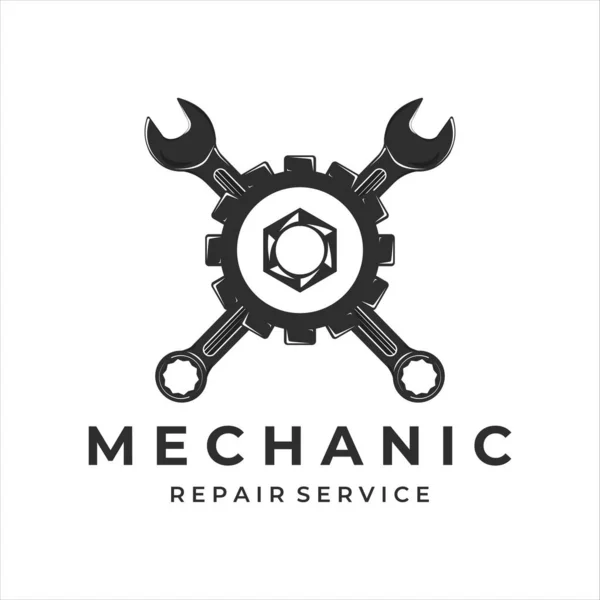 Tamirci logosu, vektör illüstrasyon şablonu simge etiketi tasarımı. Profesyonel mühendis konsept tasarımı için anahtar dişli logosu