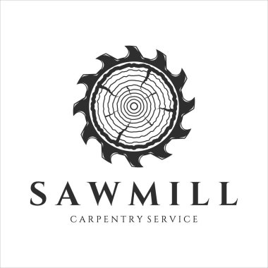 Sawmill logo vintage vektör illüstrasyon şablon tasarımı. Profesyonel marangoz şirketi logosu amblemi için marangozluk aracı ve ekipman logosu