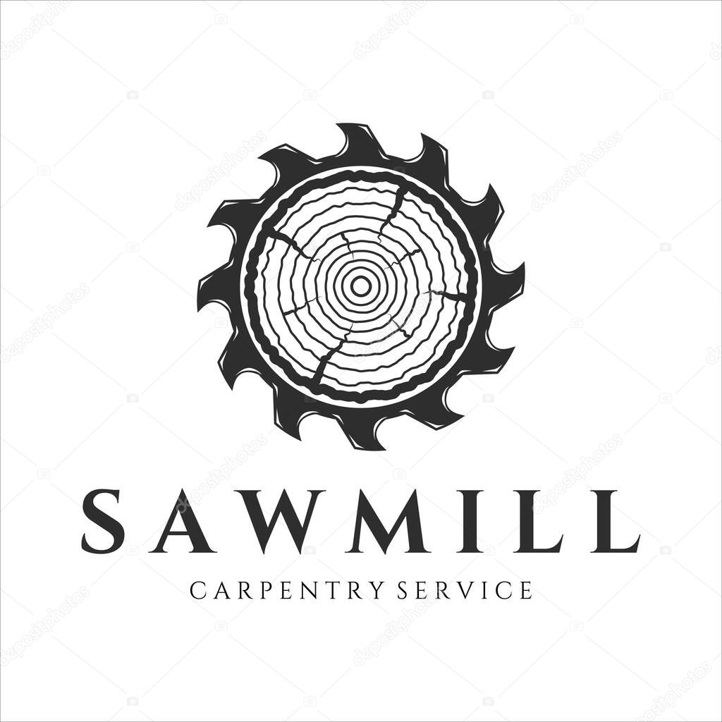 Sawmill logo vintage vector illustration icon template design. carpentry tool and equipment logo for professional carpenter company logo concept emblem design