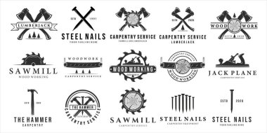 Marangozluk logosu vintage çizim şablonu dizaynı. Çeşitli el sanatları veya marangoz ekipmanlarının demet koleksiyonu bıçkıhane çekiç baltası kereste kerestecisi uçak logosu tasarımı