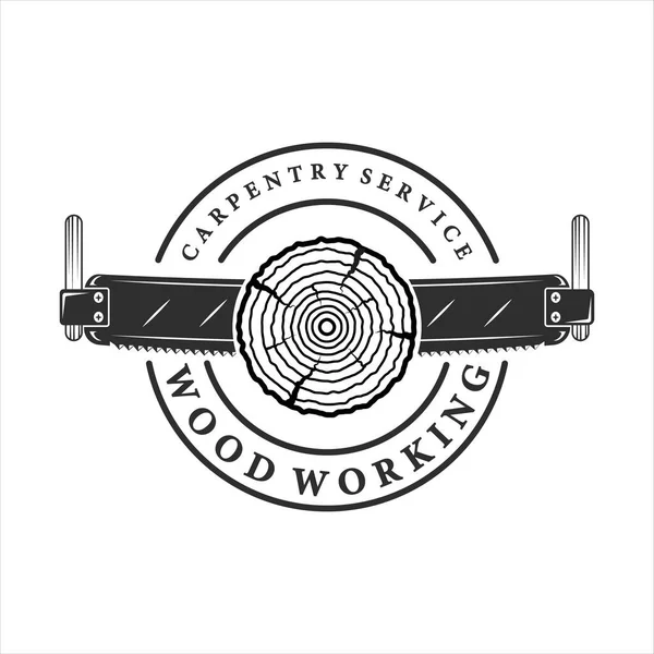 Tahta testereli vintage vektör çizim şablonu ikon tasarımı. Tipografi tarzı retro logo konsepti endüstrisi olan profesyonel marangoz işçileri için marangozluk ekipmanları