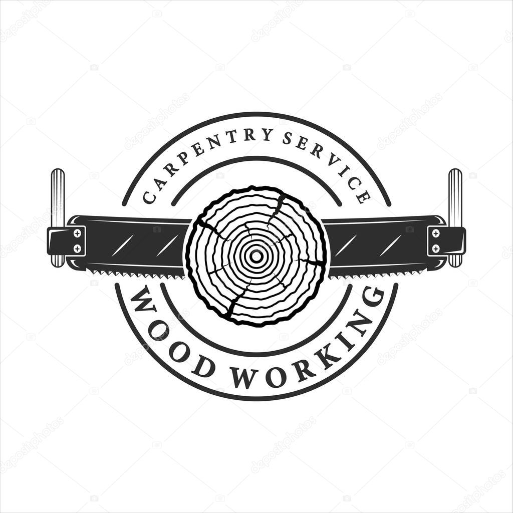 wood saw logo vintage vector illustration template icon design. carpentry equipment for professional carpenter worker with typography style retro logo concept industry