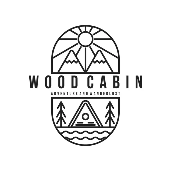 Ahşap kulübe ya da kulübe çizgisi minimalist resim tasarımı simge logosu tasarımı. Kamp konsepti için kabin dağı nehri ve güneş logosu iş seyahati için macera logosu
