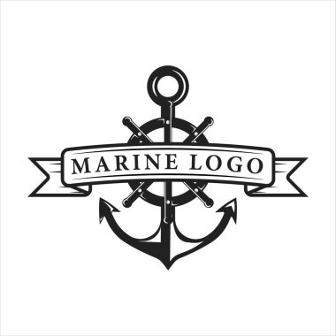 deniz logosu vintage vektör şablonu ikon çizimi tasarımı. Deniz ve donanma konsept logosu için çapa ve gemi direksiyon amblemi retro