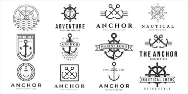 Denizcilik veya deniz logosu vektör çizim şablonu ikon tasarımı seti. Çeşit çeşit donanma logosu çapa gemi direksiyon çizgisi sanat ve klasik stil rozet ve izole logo koleksiyonu