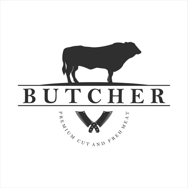 Çiftlik çiftliği ve çiftlik hayvanları logosu klasik vektör illüstrasyon ikon tasarımı. Kasap ya da kasap iş konsepti amblemi tasarımı için inek ya da bufalo etiketi