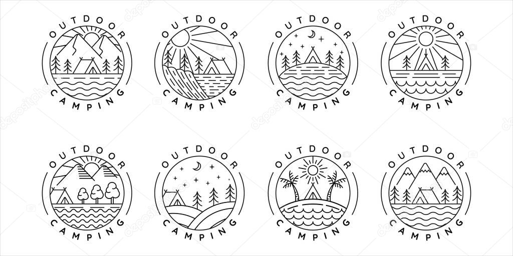 set of camping logo line art simple minimalist vector illustration template icon design. bundle collection of various adventure and wanderlust symbol for activity outdoor camp with circle badge