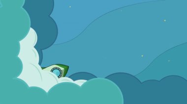 Uzay çizgi filmlerindeki animasyon arka plan videolarına roket fırlatma. Astronomi ve bilim teknolojisi için yıldızlar ve bulut gökyüzü ile dış uzay keşfi hareketli görüntü grafiksel çizim tasarımı