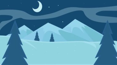 Geceleri karlı dağ karikatür animasyon arka plan videosu çizerdi. Doğa macera ve seyahat için kış görünümünde. Seyahat işi animasyon görüntüleri hareketli grafik tasarımı.