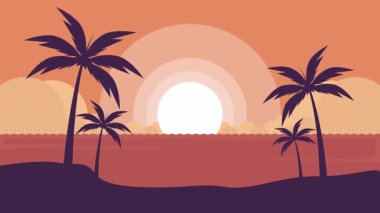 Sahil ya da cennet, modern, peyzaj, karikatür animasyon arka plan videosu. Seyahat macerası için açık havada siluet hindistan cevizi ağacı hareketli görüntü grafiksel çizim tasarımı