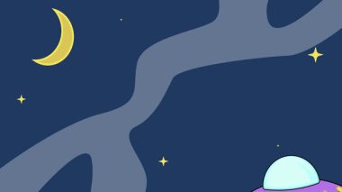 Dış uzay animasyon arka plan video UFO. Astronomi ve bilim kurgu fikri için yıldızlar ve ay ile dış uzay keşfi hareketli görüntü grafik çizim tasarımı