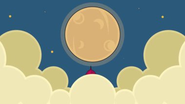 Uzay Ay animasyon arka plan video içine roket fırlatma. Astronomi ve bilim teknolojisi için yıldızlar ve bulut gökyüzü ile dış uzay keşfi hareketli görüntü grafiksel çizim tasarımı