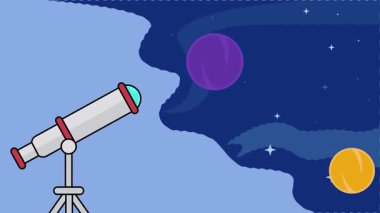 Astronomik teleskop, uzay animasyon arka plan videolarına bakıyor. Astronomi ve bilim teknolojisi fikri için uzay işareti veya sembol hareketli görüntü grafiksel çizim tasarımı