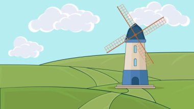 windmill with rotating sails on a green landscaped cartoon animation backgrounds video . Rural Scene Wind Power Sustainable Energy for agricultural animated footage motion graphic illustration design