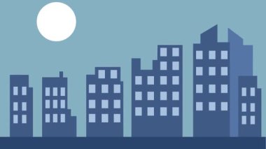 Gece manzara karikatür animasyon arka plan videosu. Emlak sektörü temsilcisi için ay ışığı konsepti olan şehir manzarası hareketli görüntü grafikleri çizimi