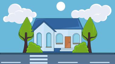 Residential Building peyzajlı çizgi film animasyon arka plan videosu. Gayrimenkul animasyon görüntüleri için önünde yaya geçidi olan rahat bir aile evi çizimi