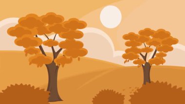 Huzurlu sonbahar manzaralı çizgi film animasyon arka plan videosu. Sonbahar sezonu Orange Trees Falling Sunny Scenery for Season konsepti animasyon görüntü grafiği tasarımı
