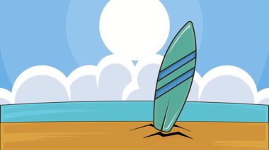 Sahildeki sörf tahtası karikatür animasyon arka plan videosu. Summer Surf Beach Tatil Okyanusu Dalgası Sandy Sahili animasyon görüntüleri hareketli grafik çizim tasarımı