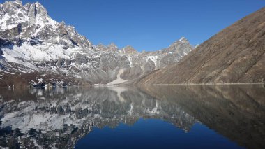 Himalayalar 'ın Nepal' deki bir göle yansıyan karla kaplı manzarası.