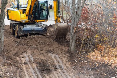 Kazıcı, ağaçlı bir alanda toprak kazıyor, sınırlı alanda iş gösteriyor ve çevreyi dikkatle düşünme ihtiyacı, zorlu koşullarda kazı çalışması.