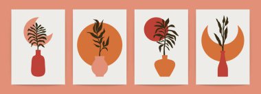 Soyut tropikal vazo yaprakları posteri. Çağdaş minimal sanat arkaplanı, duvar dekoru, sosyal medya, vektör kümesi