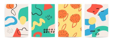 Soyut karalama şekilleri posterleri. Renkli resimler seti. Parlak ve yaratıcı çizimler. Vektör illüstrasyonu