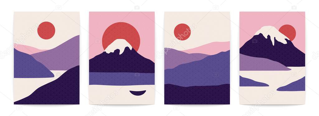 Abstract landscape posters. Japanese background wave pattern, mountain sun sea contemporary style. Geometric vector art