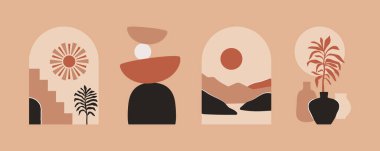 Soyut sanat baskısı boho estetik renkte. Vektör içinde güneş ve toprak elementleri olan doğal minimalist duvar dekoru