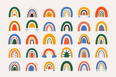 Çocuksu el çizimi gökkuşağı. Soyut karikatür kolajı, parlak karalama kavisleri, sevimli nesneler. Vektör içindeki dekoratif biçimler
