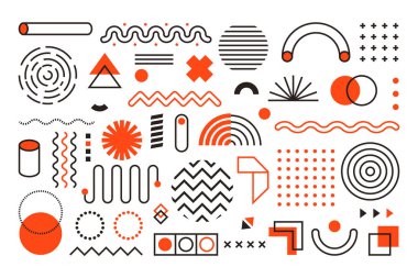 Soyut geometrik memphis şekilleri. Minimum retro figürler seti. Siyah ve kırmızı renklerde hippi tarzı vektör deseni