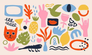 El çizimi çağdaş şekiller. Parlak karalama nesneleri, modaya uygun karalamalar, vektörde canlı renkli azalma 